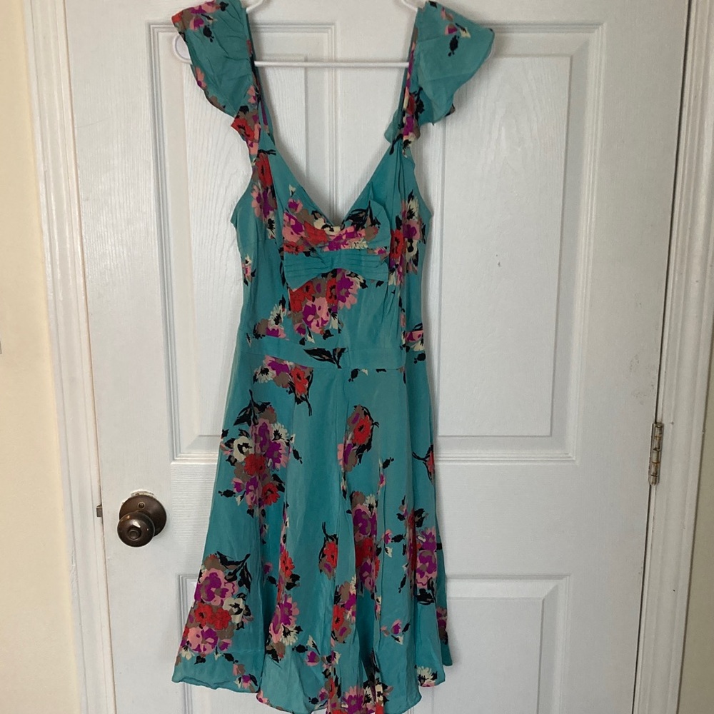 Tracy Reese Teal Floral Midi 100% Silk Dress